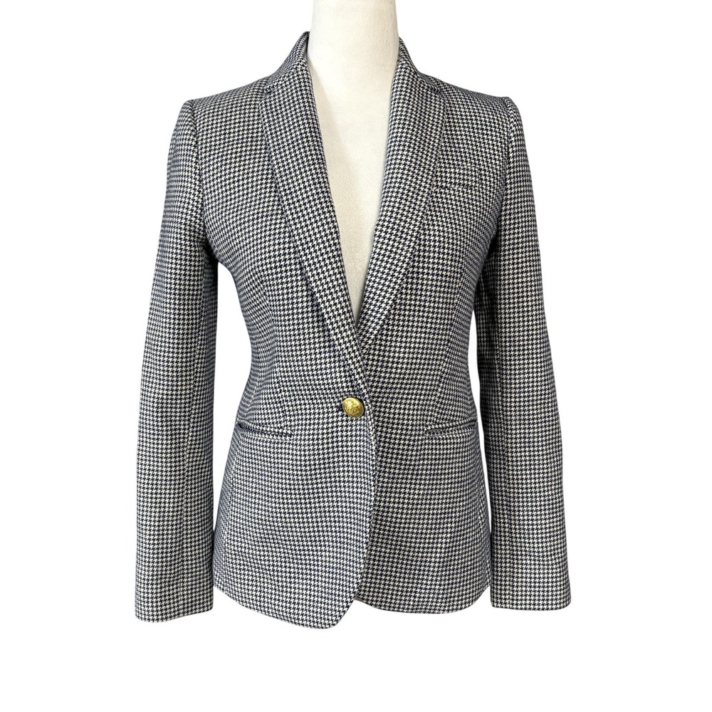J. Crew Campbell Blazer Womens 0 Navy Houndstooth Wool Blend Gold Button F4304